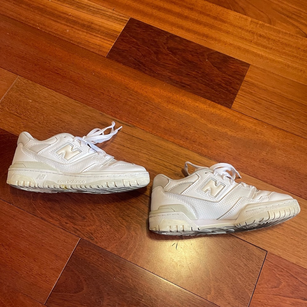 Beige and white new balance 550s